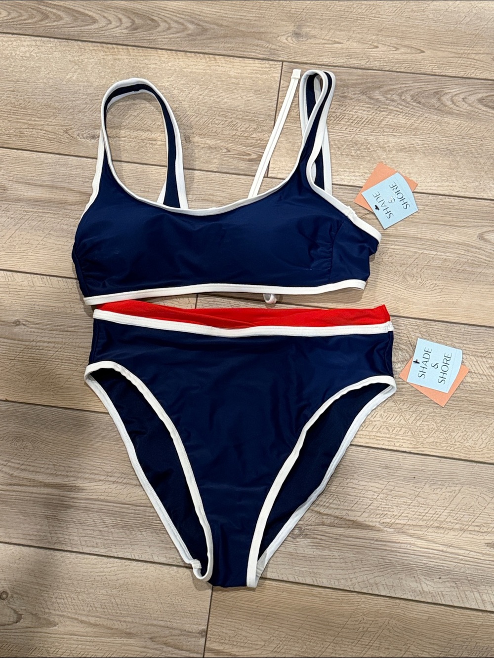 Shade & Shore Navy Bikini Set with White Trim and Red Waistband